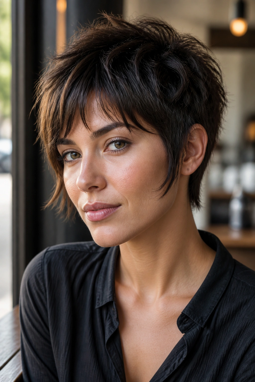Close-up portrait of a real woman with tapered pixie shag and sideburn-length.