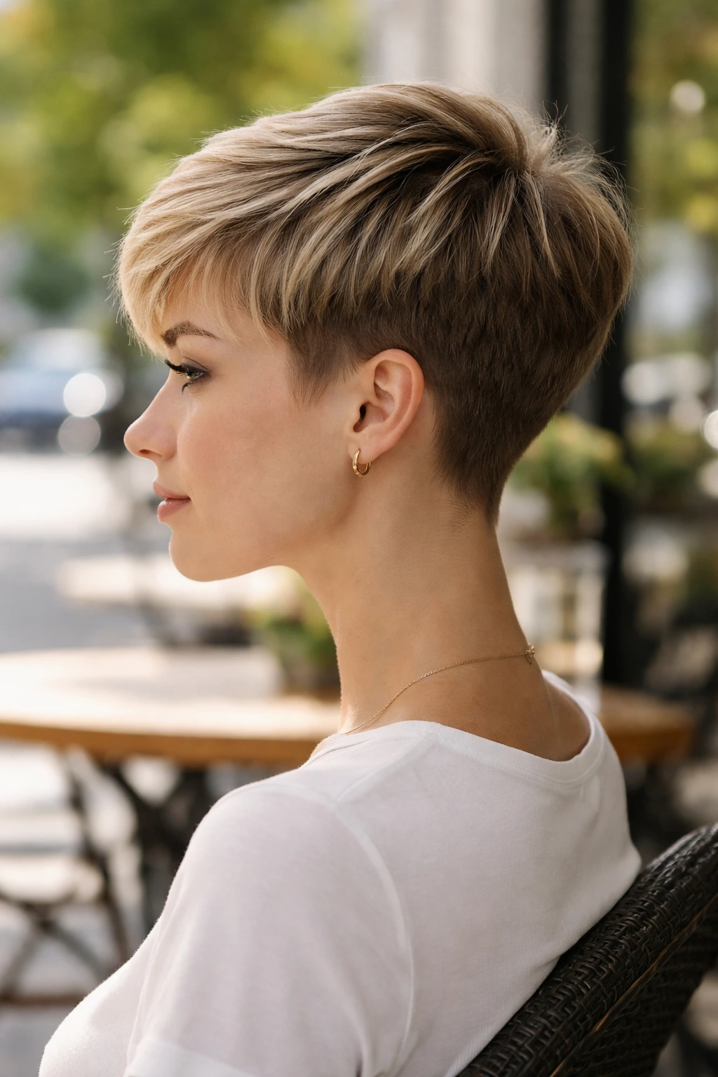 Side-profile of a woman with a tapered pixie hairstyle at a sunny cafe