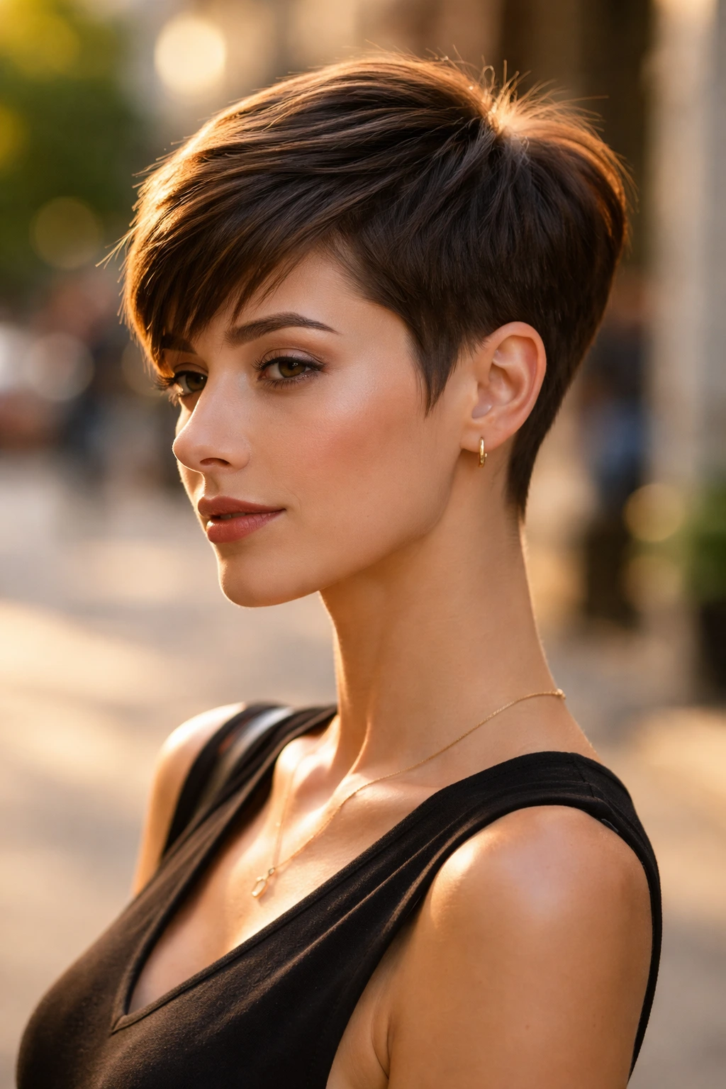 Three-quarter portrait of a tapered pixie with sideburn detail in golden hour outdoor setting