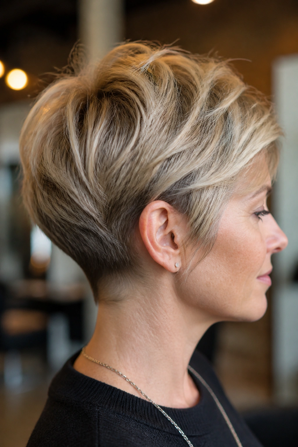 Profile portrait of a real person with a tapered pixie and sideburn detail