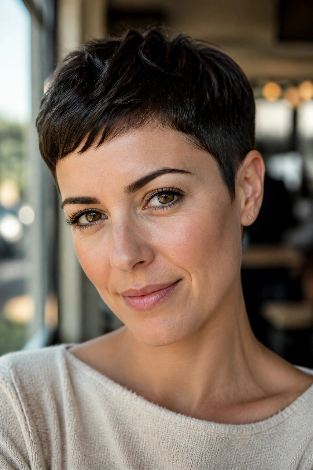 Close-up portrait of a real woman with a tapered pixie on thick hair