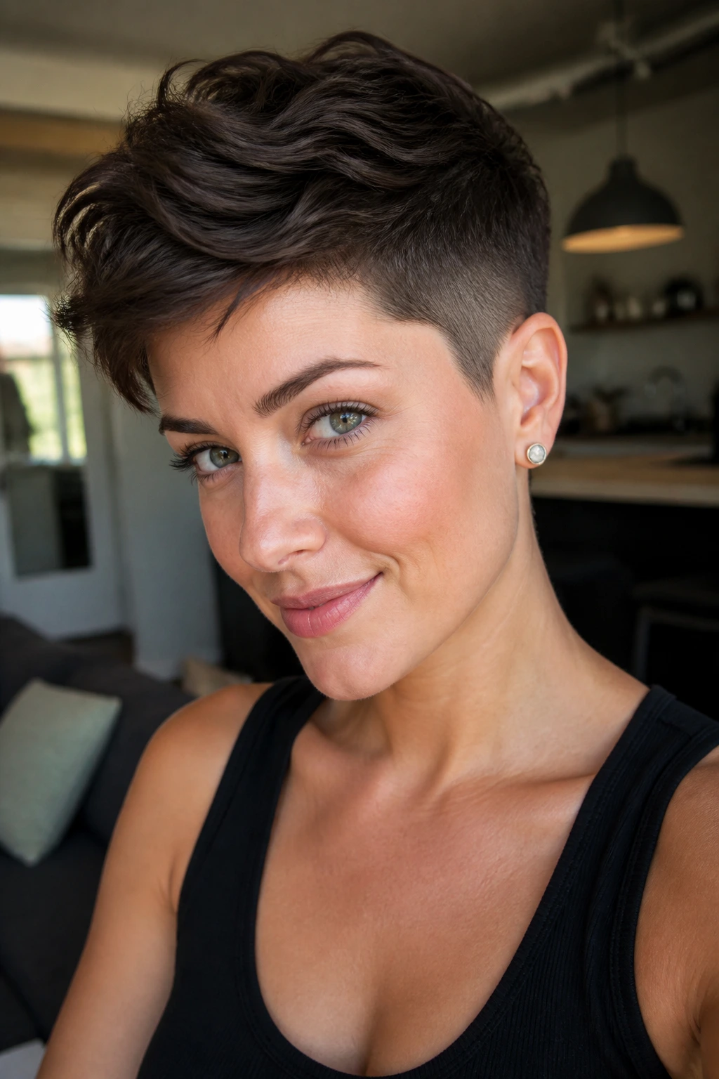 Close-up portrait of a real woman with a tapered pixie for thick hair.