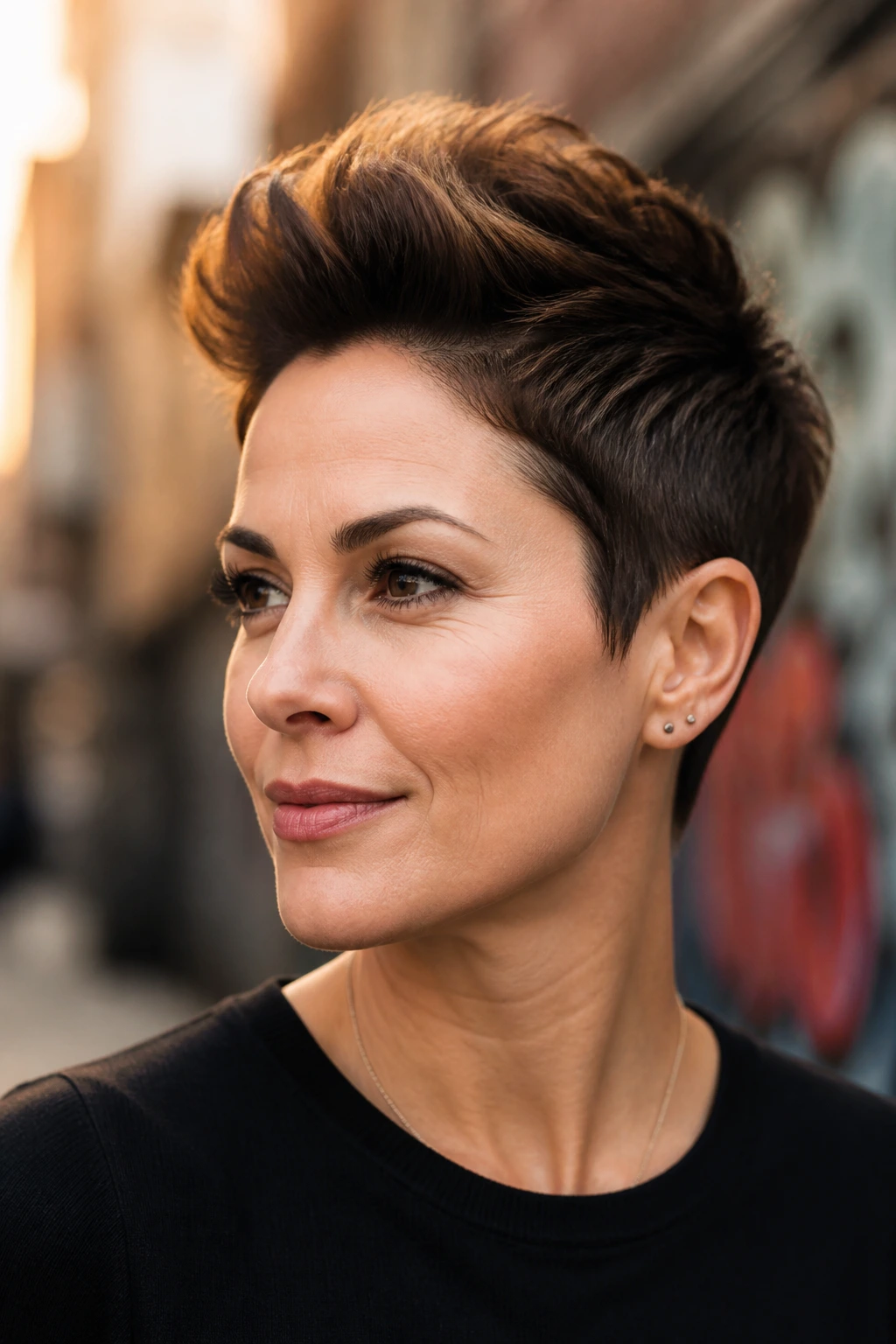 Three-quarter profile of a real woman showing tapered sides and voluminous crown in warm light