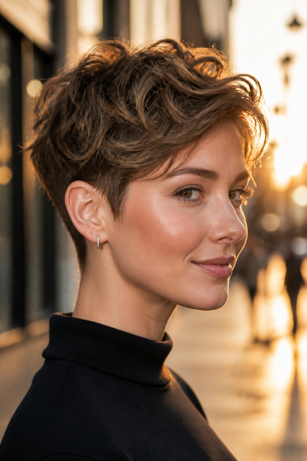 Close-up of a real woman with a tapered pixie showing longer top and tapered sides in golden hour light