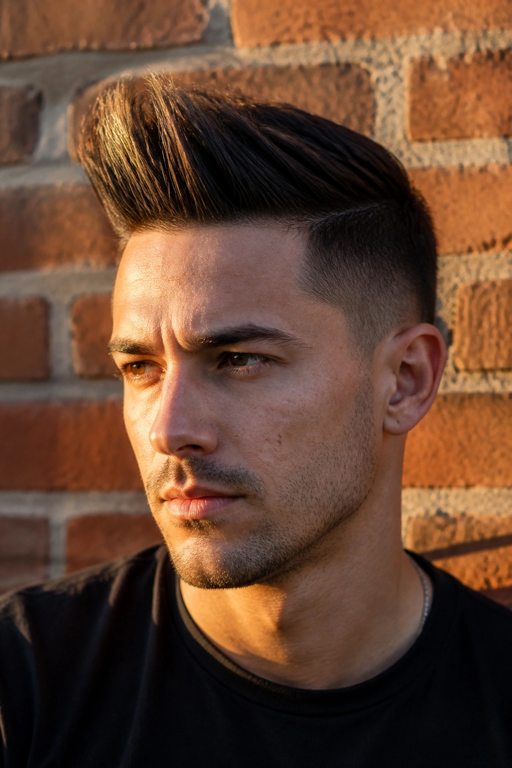 Close-up portrait of man with tapered pompadour tilt