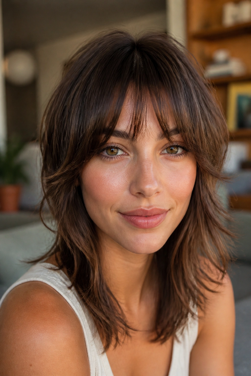 Portrait of tapered shag bangs with broken outline on a real person.