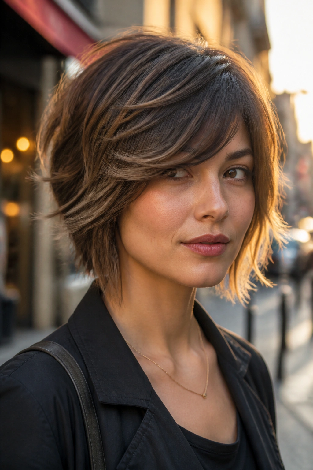 Close-up of real person with Tapered Shag Bob With Side-Swept Layers on a city street