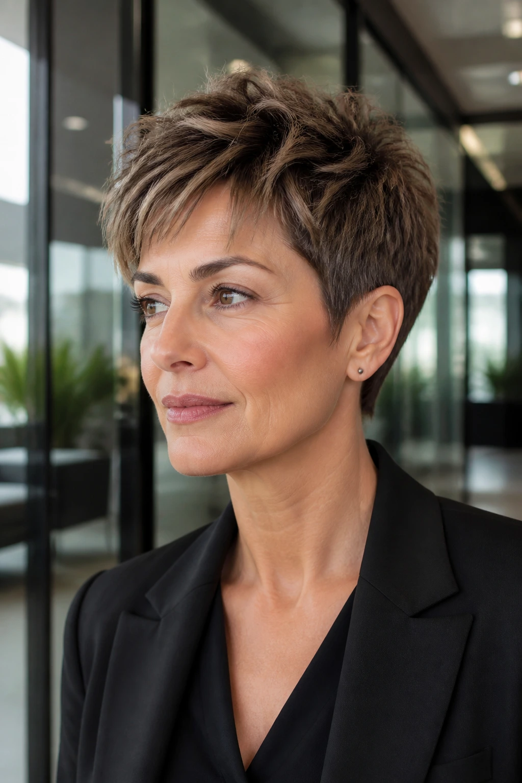 Medium close-up of real person with tapered shag crop in an office lobby