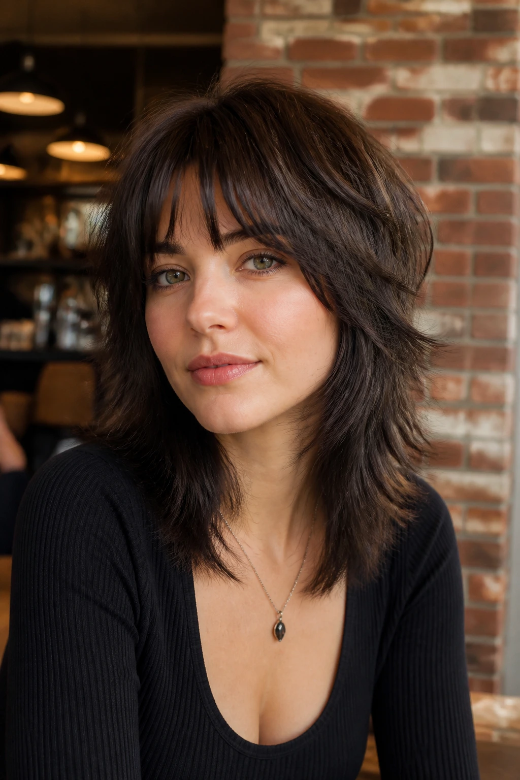 Real person with tapered shag and wispy bangs in a cafe