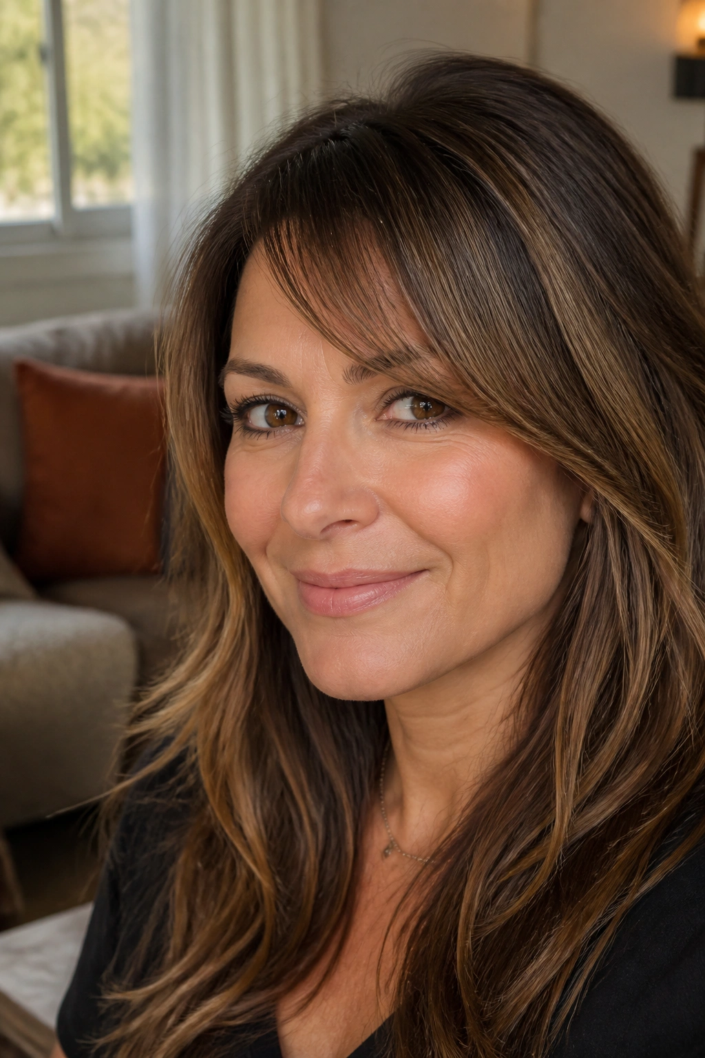 Close-up of a woman with tapered side bangs in soft daylight