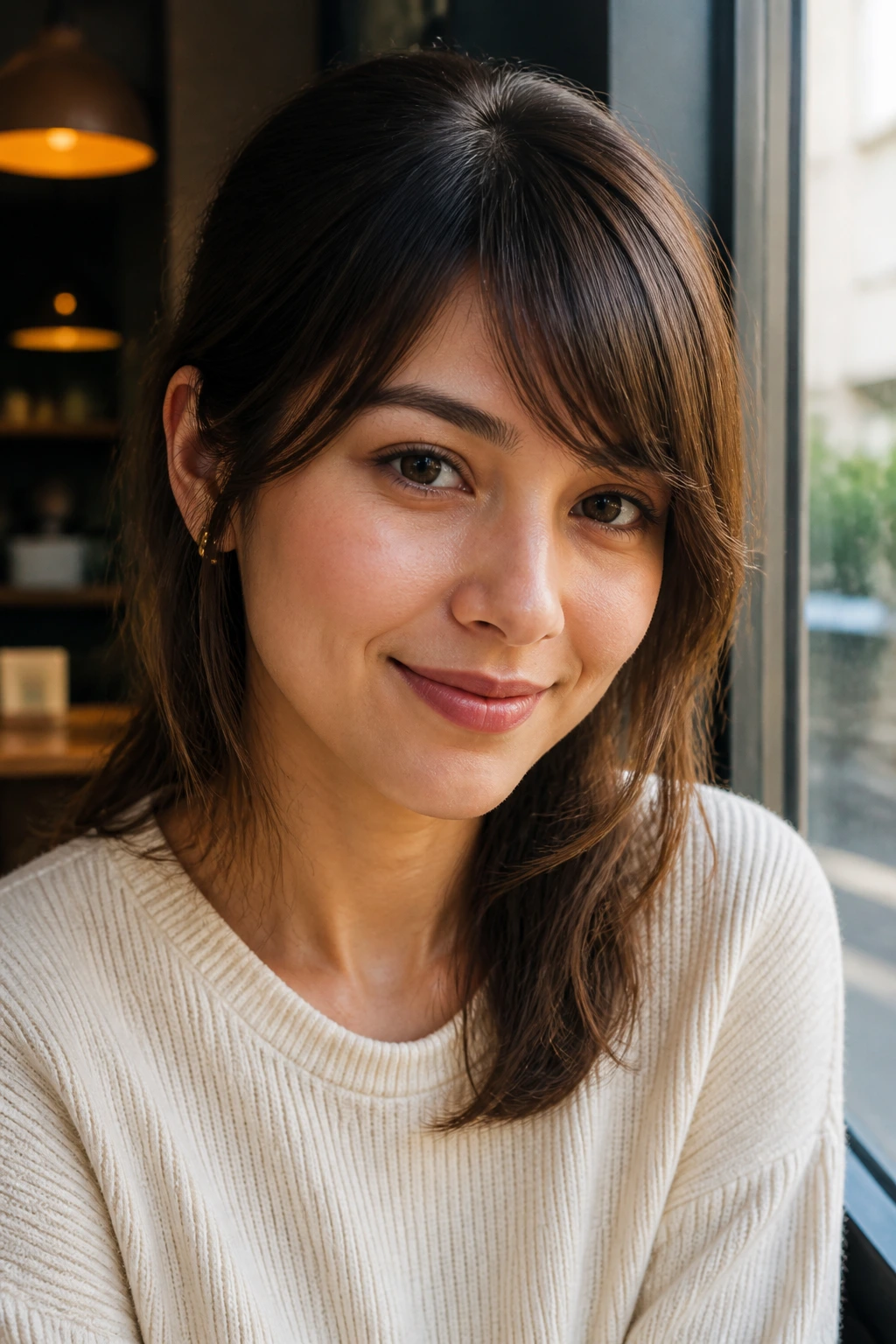Portrait of a woman with tapered side-swept bangs in a cafe setting