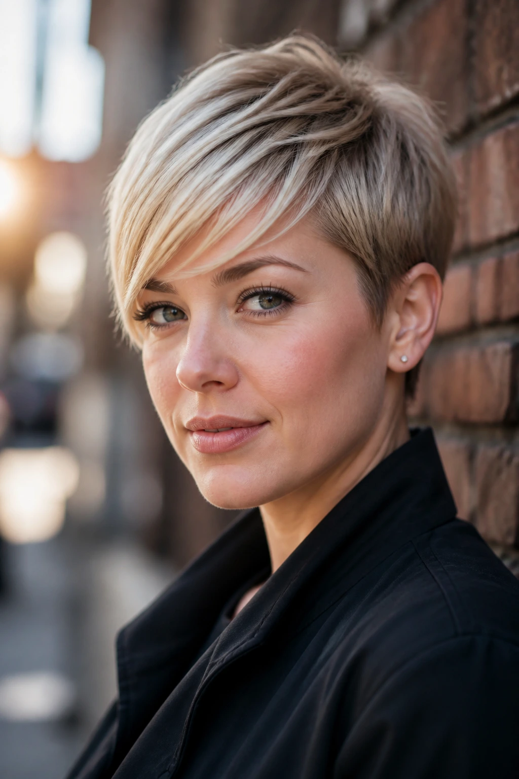 Close-up of a real person with tapered side bangs in a pixie cut.