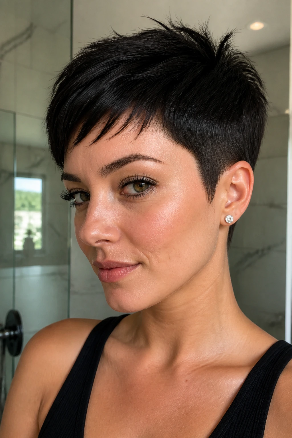 Close-up portrait of a woman with tapered sideburns pixie hairstyle