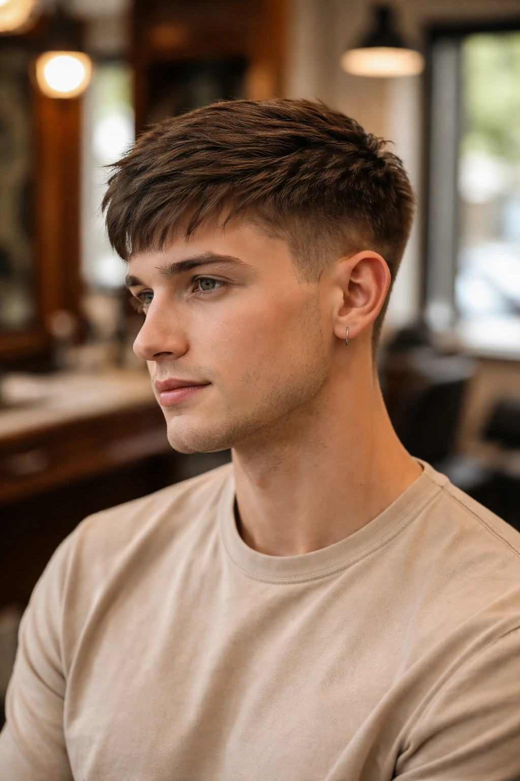 Close-up of a man with a tapered sides crop in warm barbershop lighting