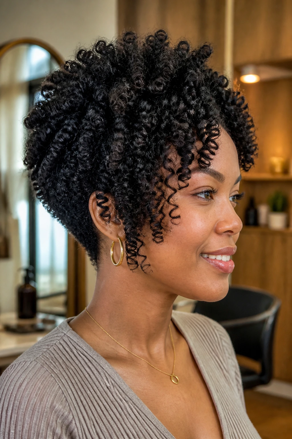 Close-up portrait of a real person with a tapered stack on coily hair, showing shrinkage and facial framing.