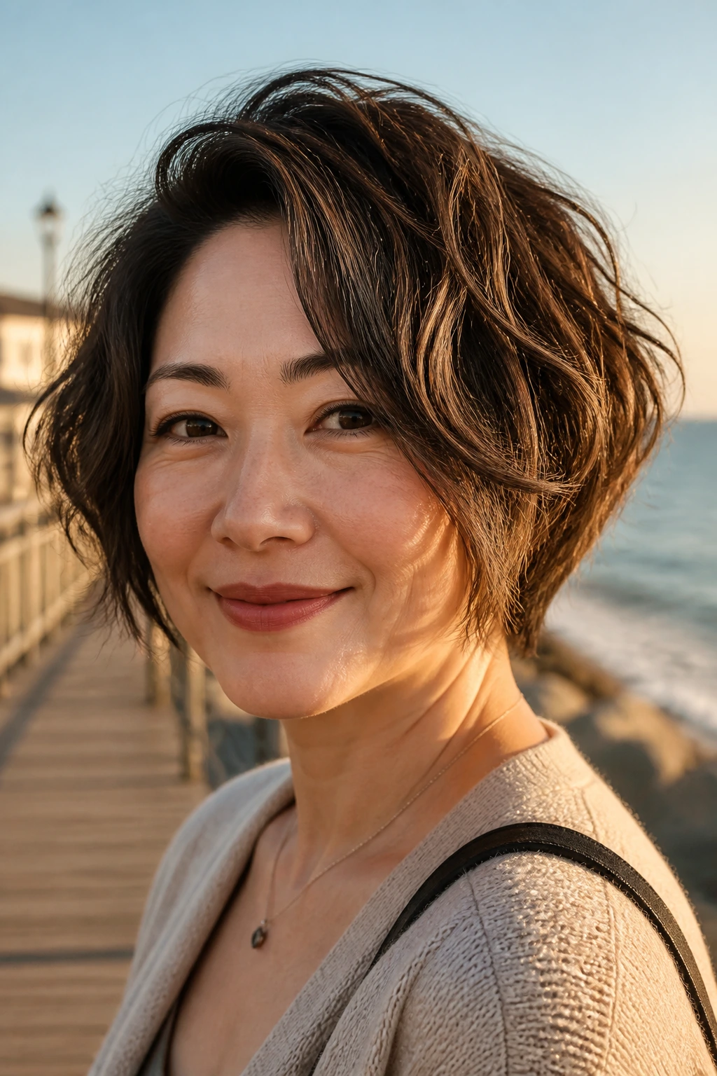 Close-up portrait of a real woman with tapered stacked cut on naturally wavy hair