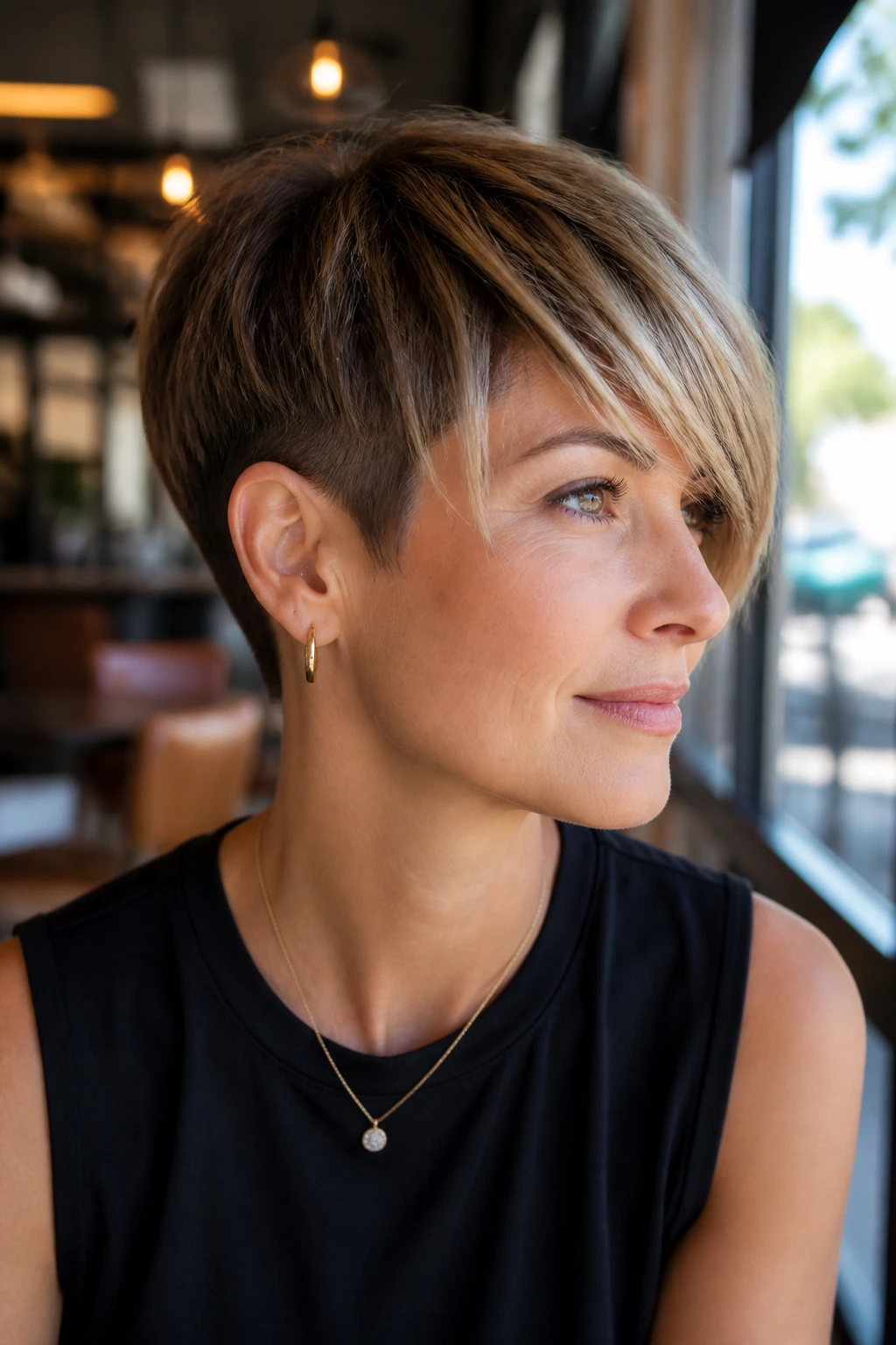Close-up of a real woman with a tapered stacked crop hairstyle in a cafe setting.
