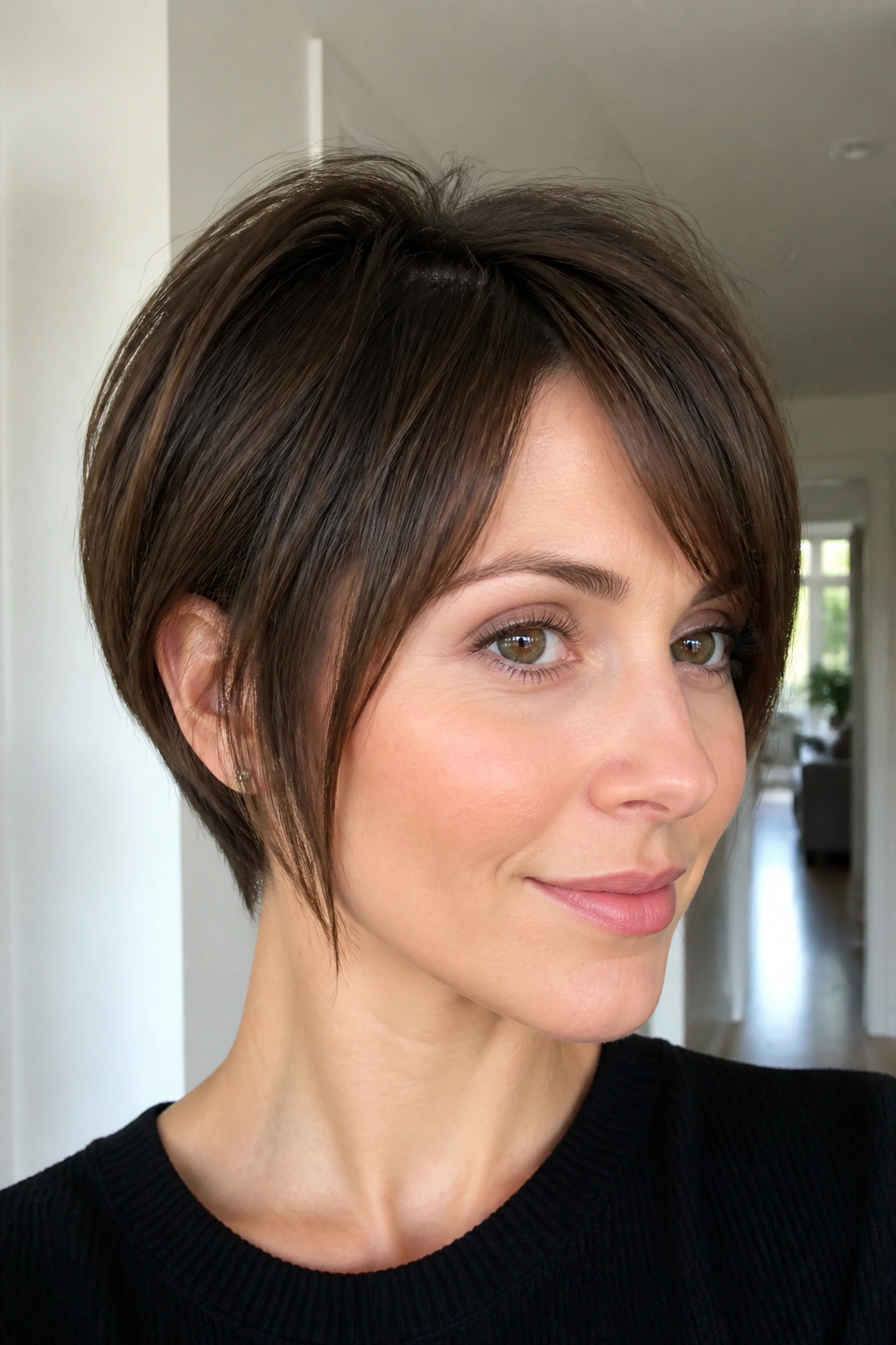 Close-up of a real person with tapered temple fringe