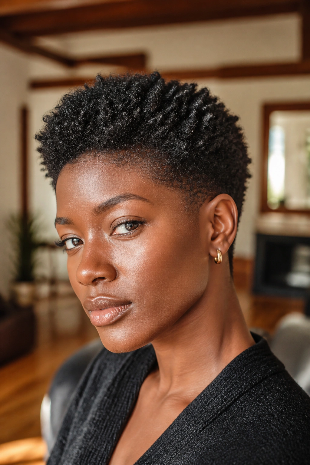 Close-up of a person with a tapered TWA hairstyle featuring crisp sides and fluffy top.