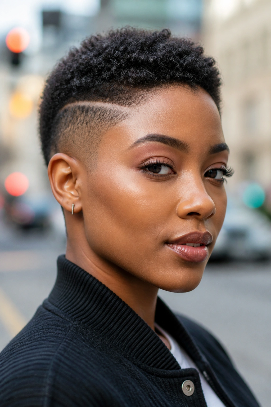 Teenie afro with sculpted tapered sides on real woman outdoors