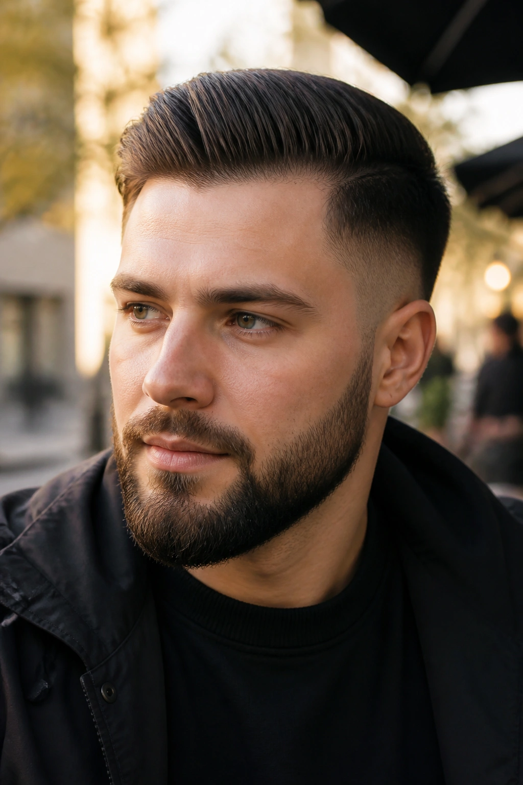 Close-up portrait of a real man with a Tapered Undercut and a neatly trimmed beard