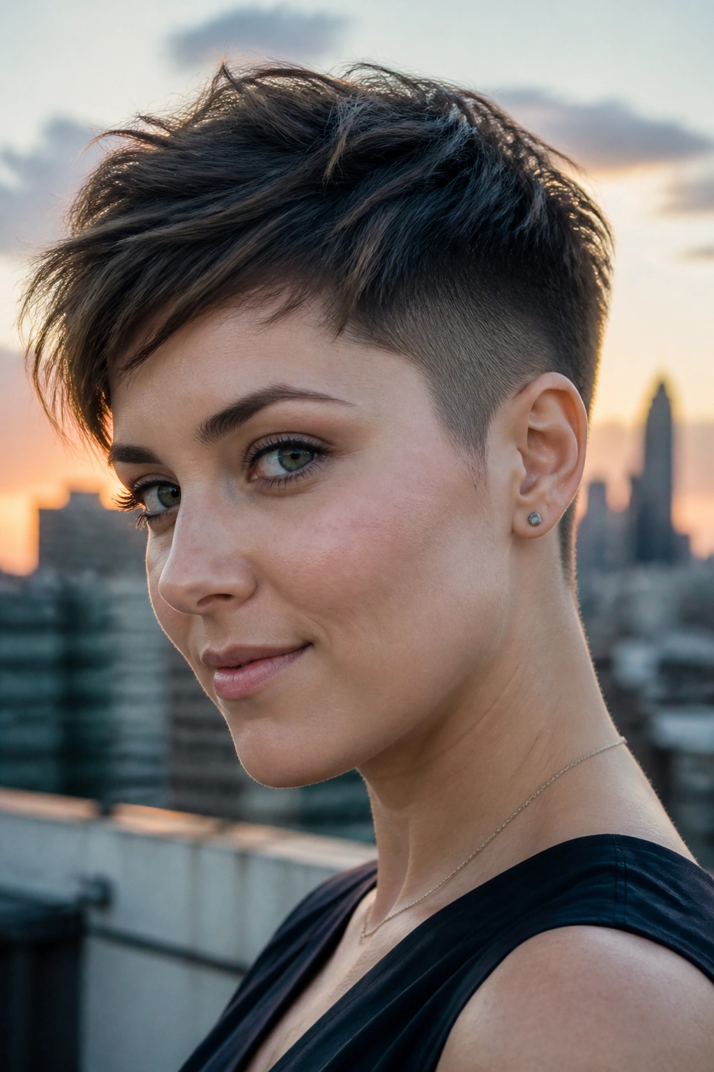 Portrait of a woman with a tapered undercut pixie showing the shaved sides.