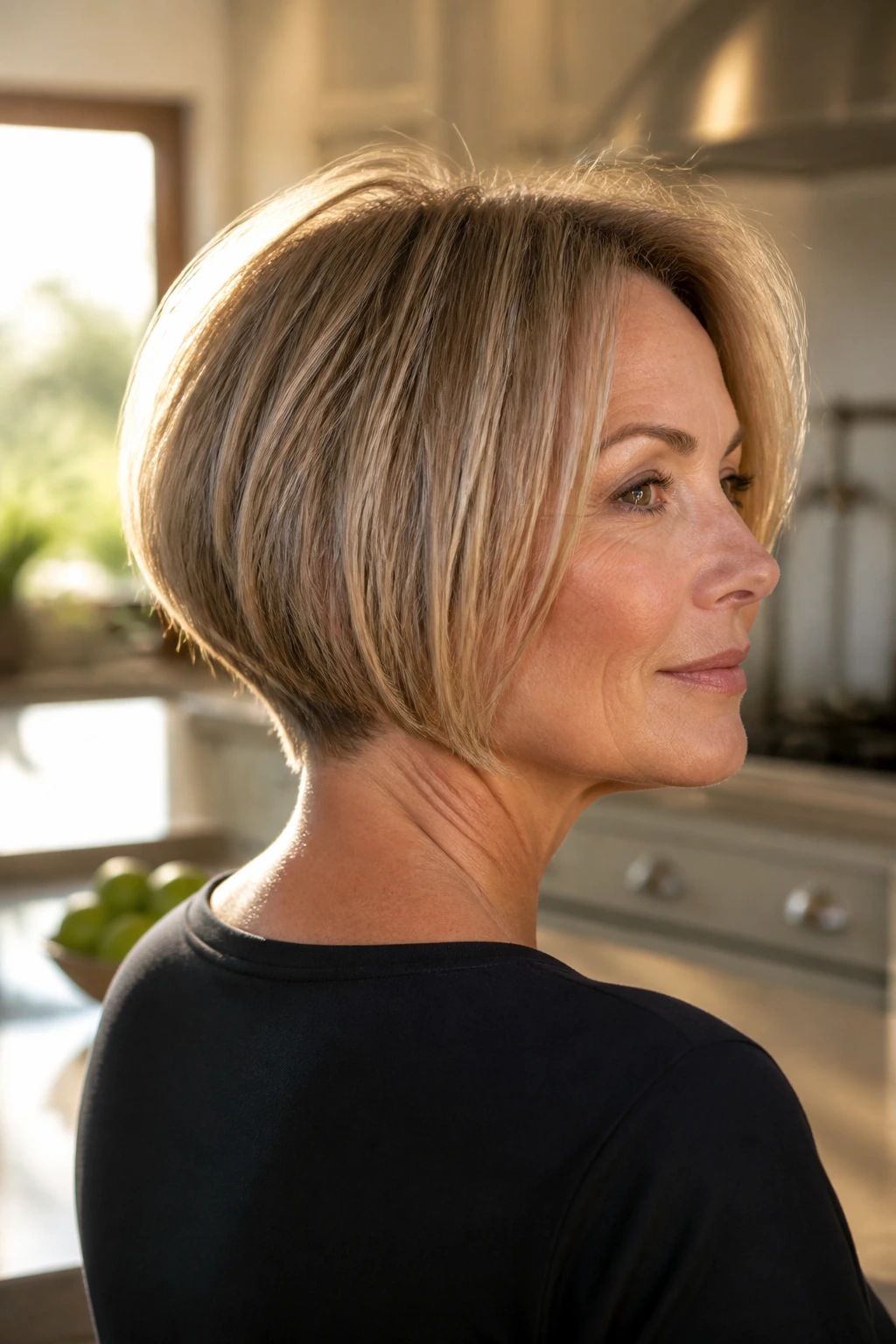 Three-quarter portrait of a real person with a tapered wedge cut.