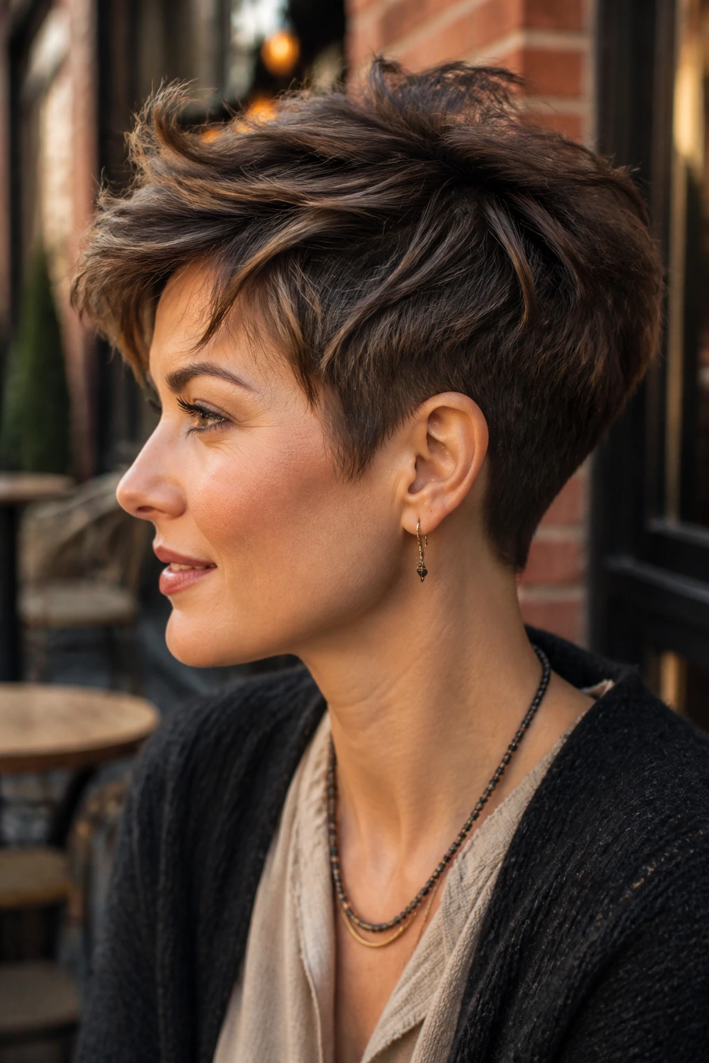 Close-up portrait of a real person with tapered wedge cut and soft texture