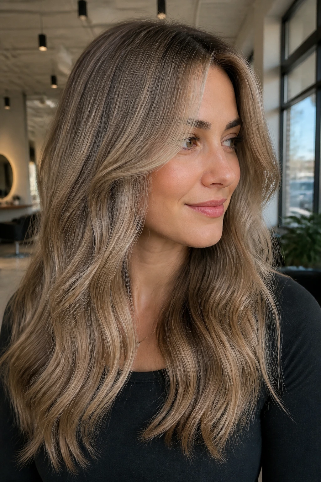 Real person wearing taupe ash bronde with cool tones in a bright salon.