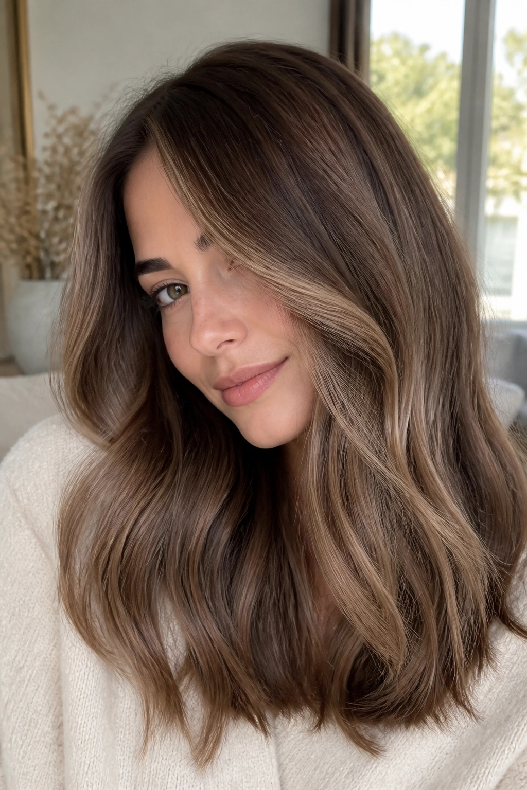 Close-up of taupe balayage on a chestnut base hair on a real person.