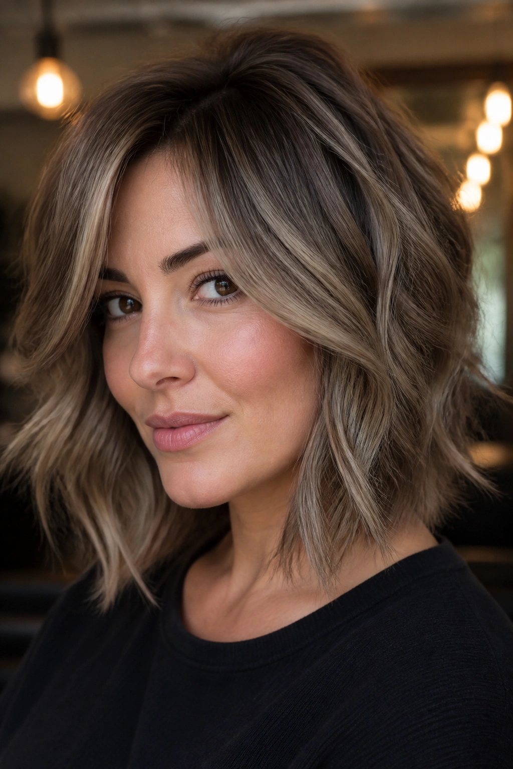 Portrait of a woman with smoky taupe balayage on a wavy shag.