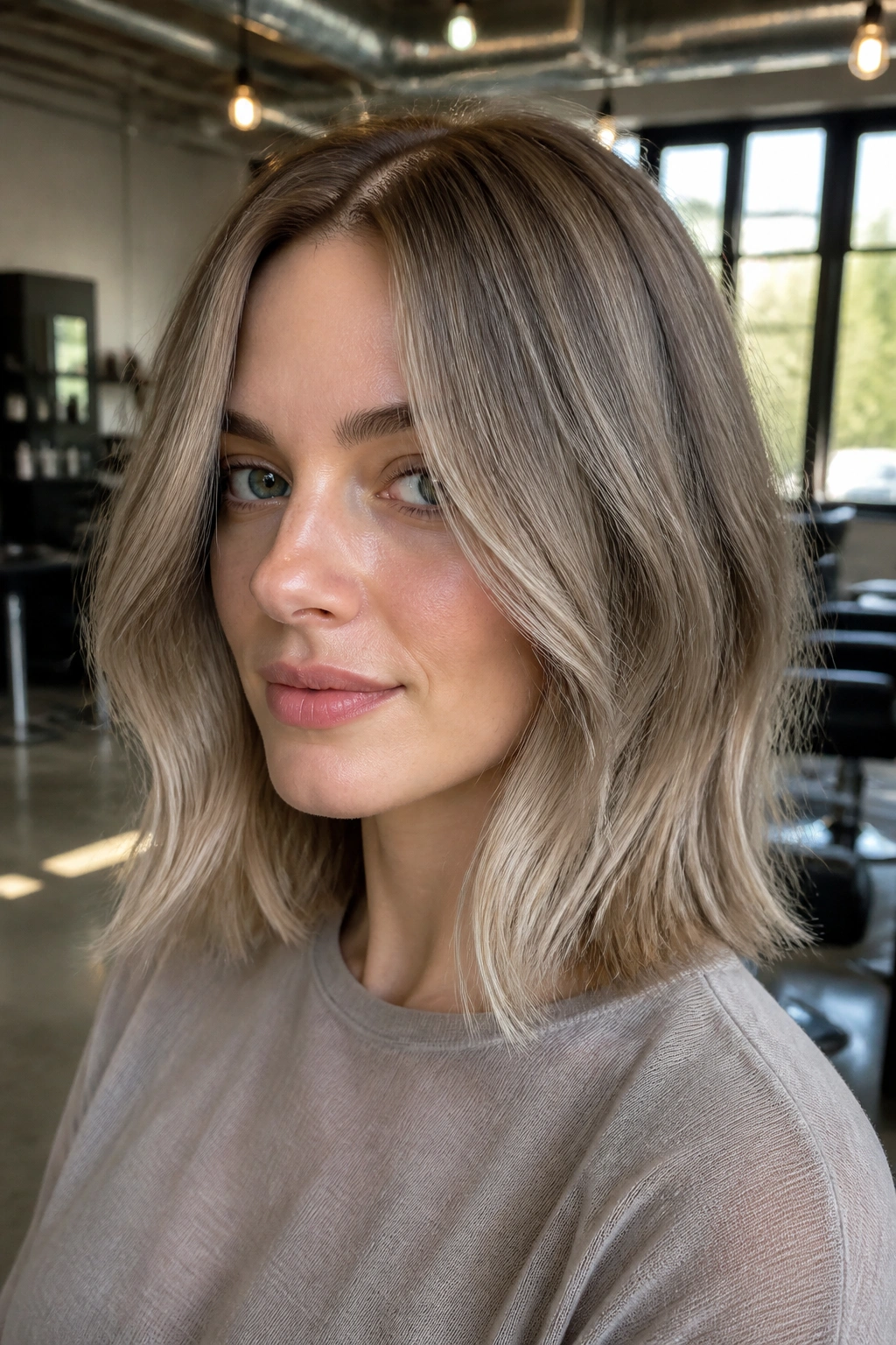 Close-up of a real woman's taupe beige lob with cool brown-gray tones and a middle part.