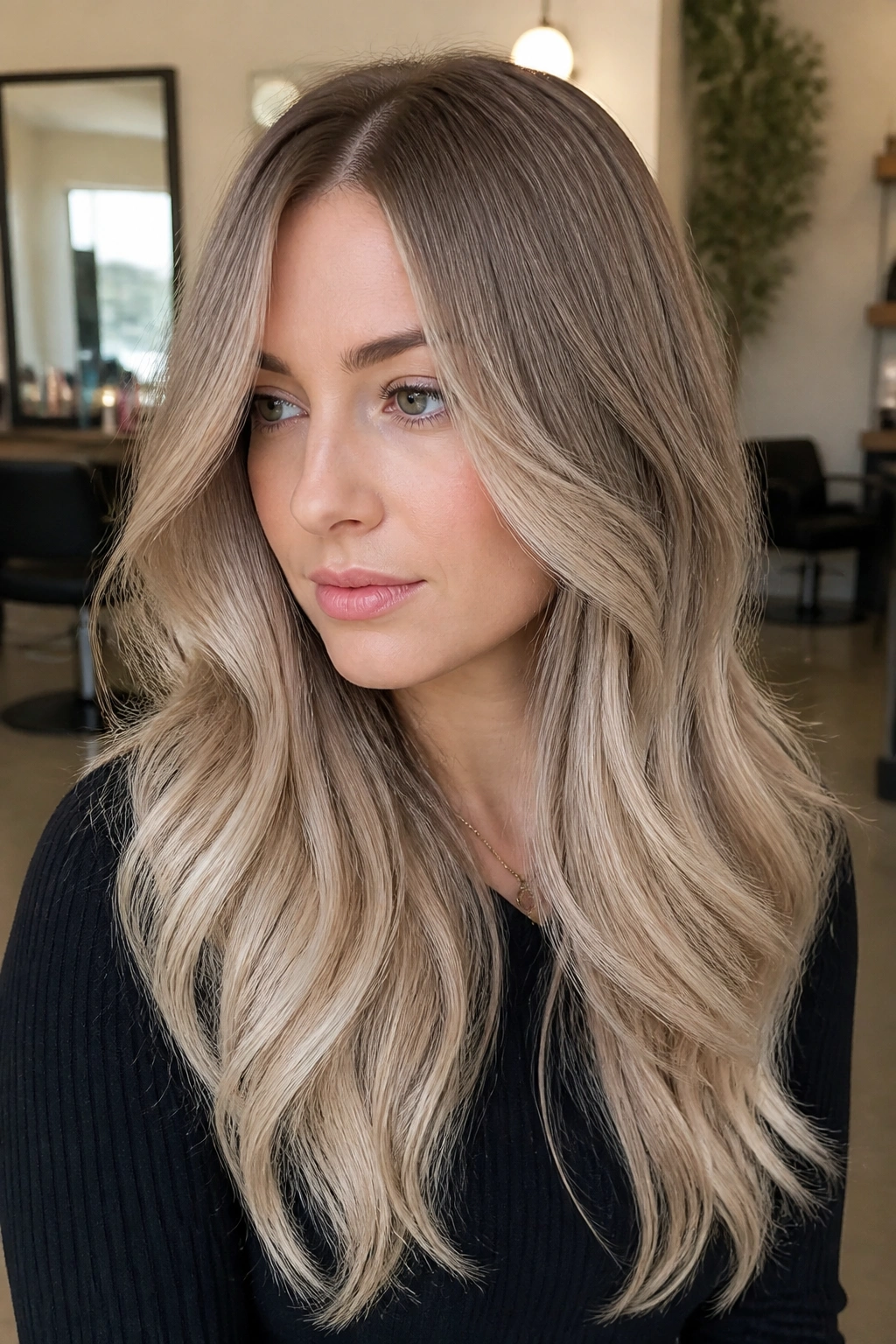 Close-up portrait of a woman with taupe beige melt hair in a salon setting