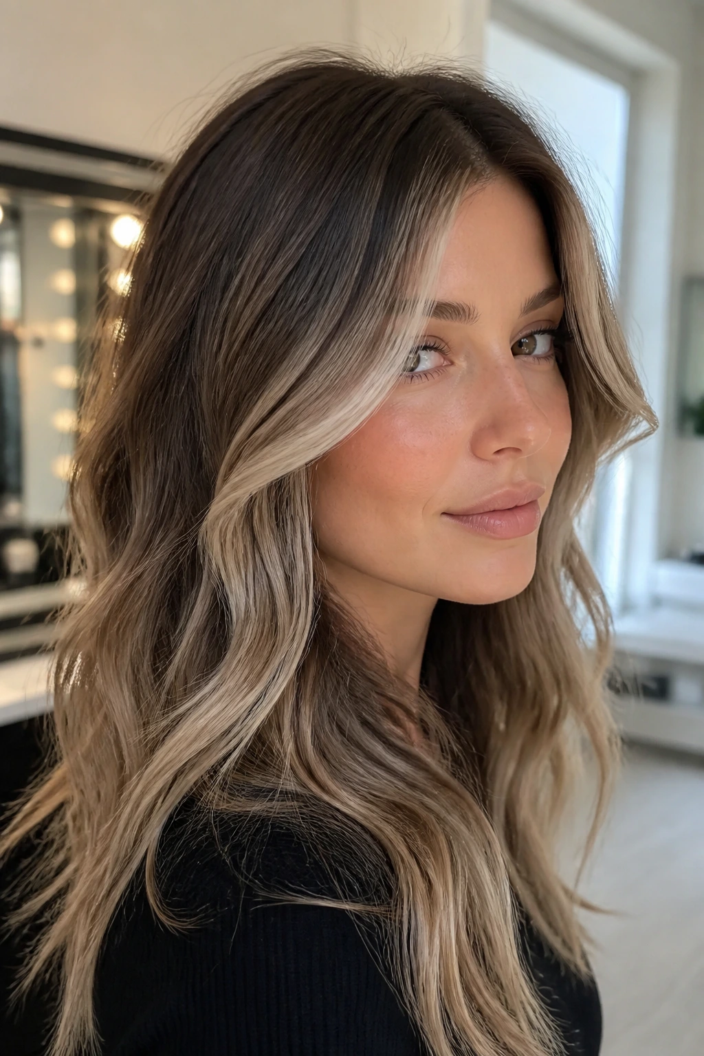 Close-up of a real person with taupe contour pieces around the face