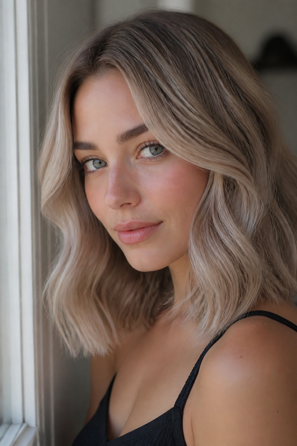 Close-up portrait of a real woman with cool taupe blonde hair in natural window light
