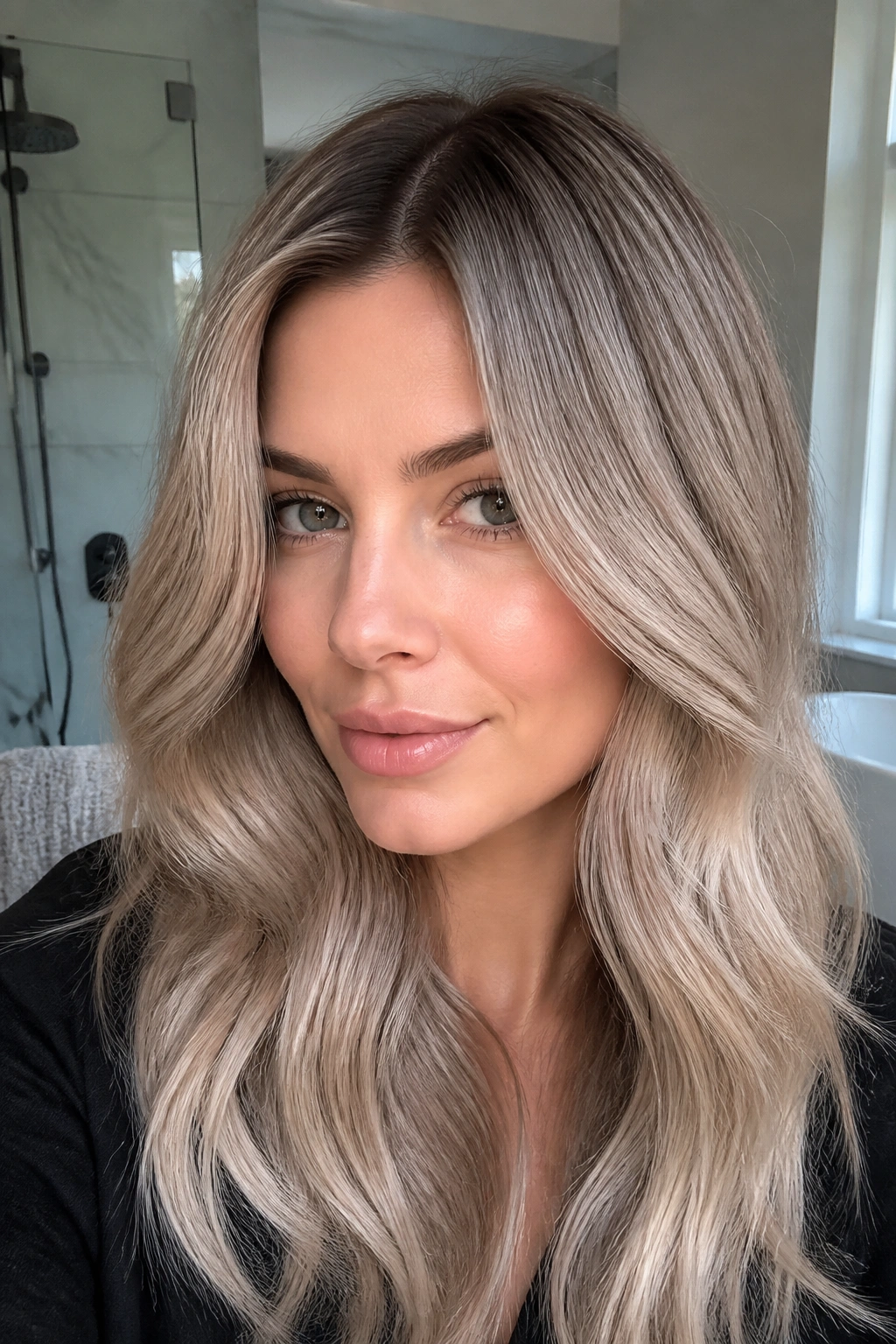 Close-up of taupe blonde with shadow root on real person