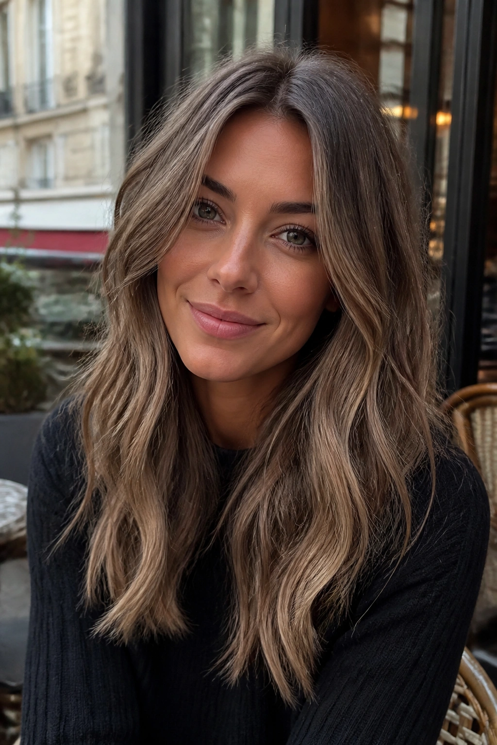 Close-up portrait of a woman with taupe bronde hair in cafe light