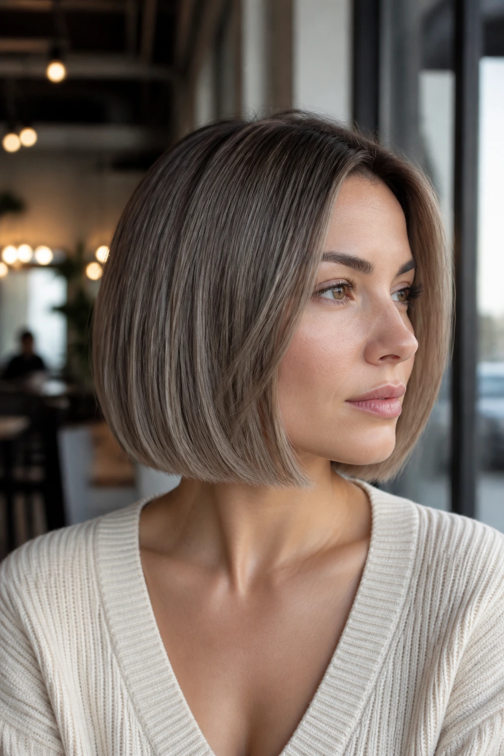 Portrait of a woman with taupe bronde bob hairstyle