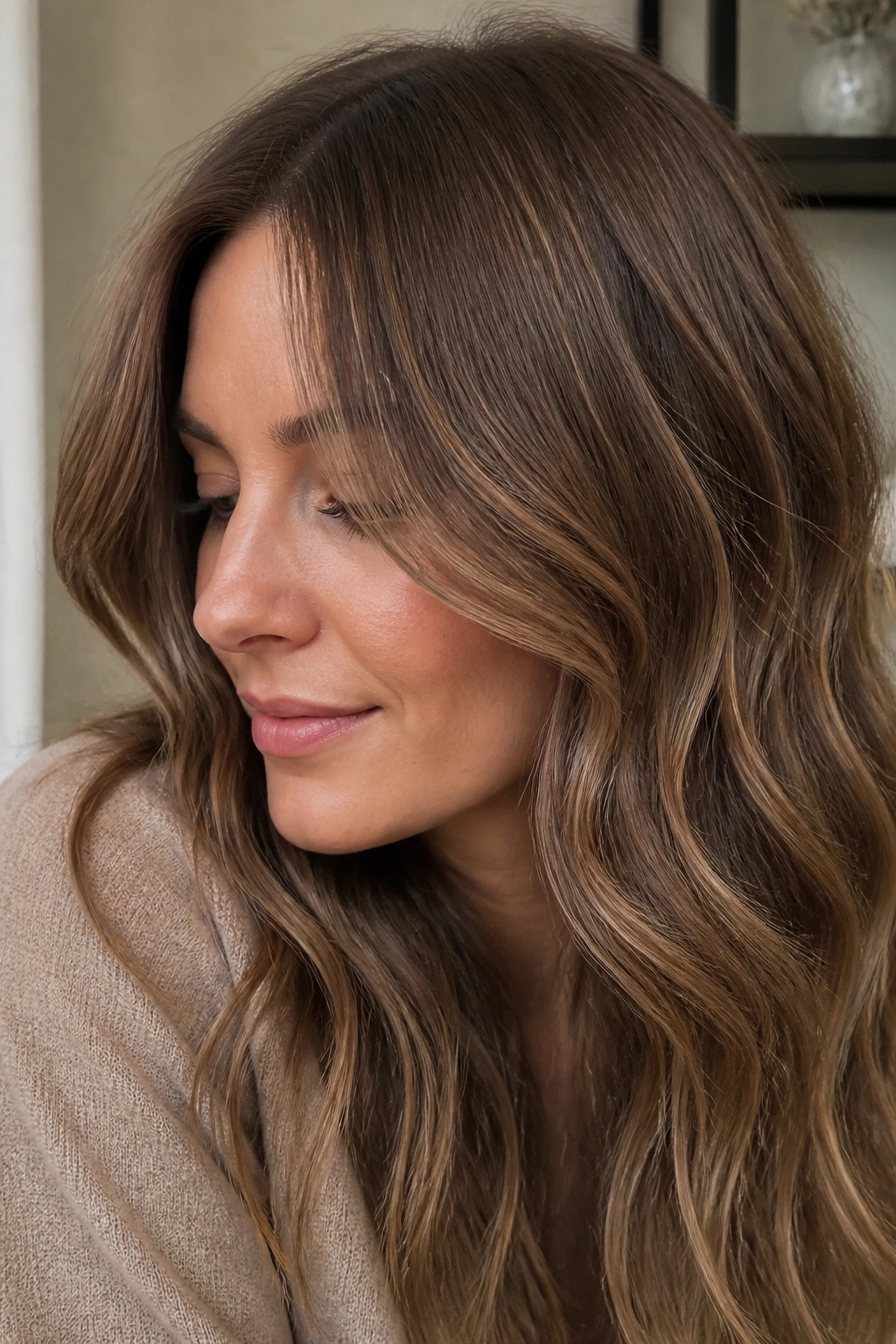 Close-up of taupe brown hair with fine caramel weave on a real person