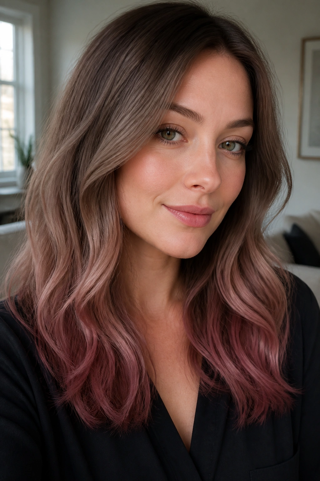Close-up portrait of a real person with taupe brown hair and dusty rose ends.