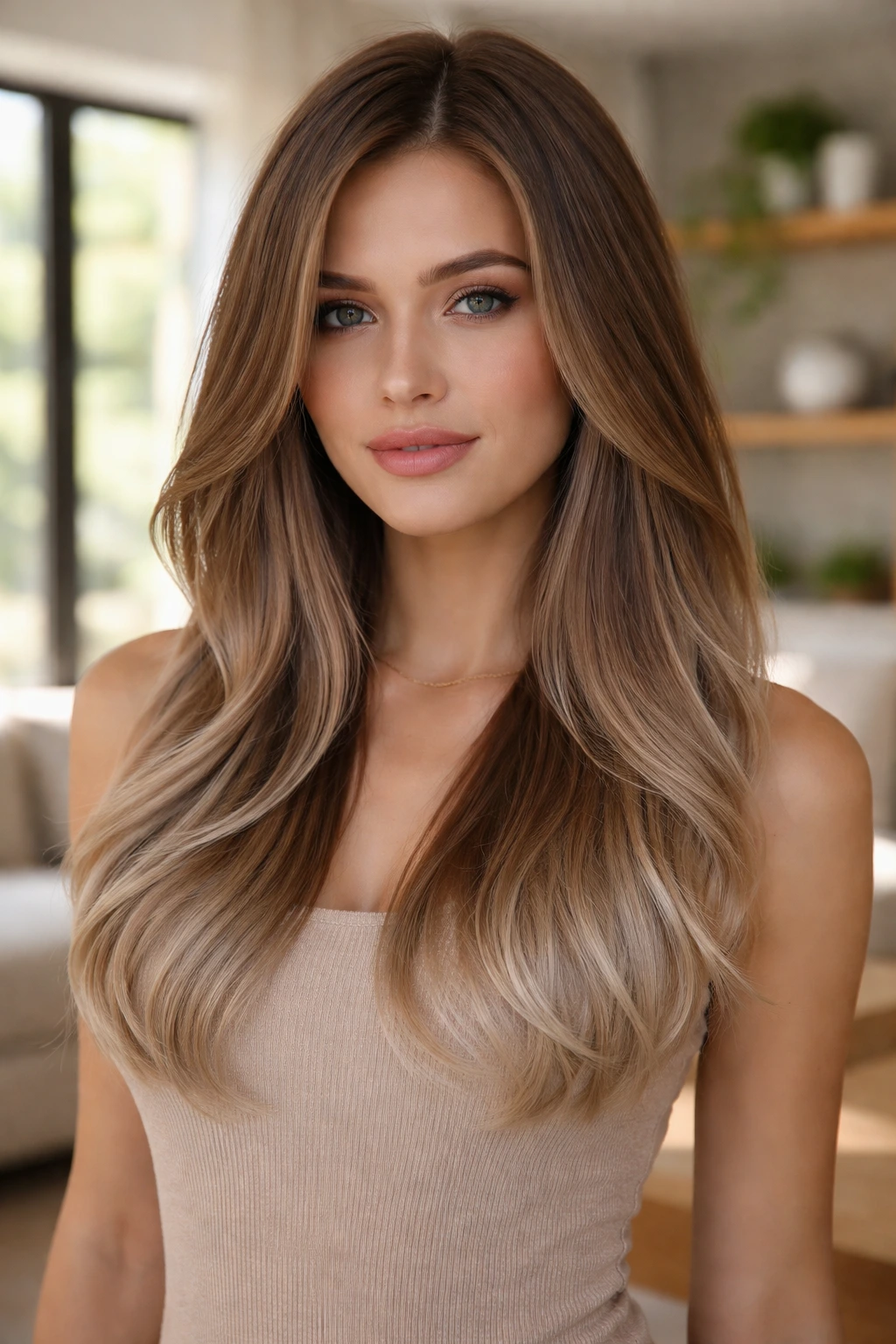 Portrait of a woman with taupe brown hair and frosted beige-silver ends.