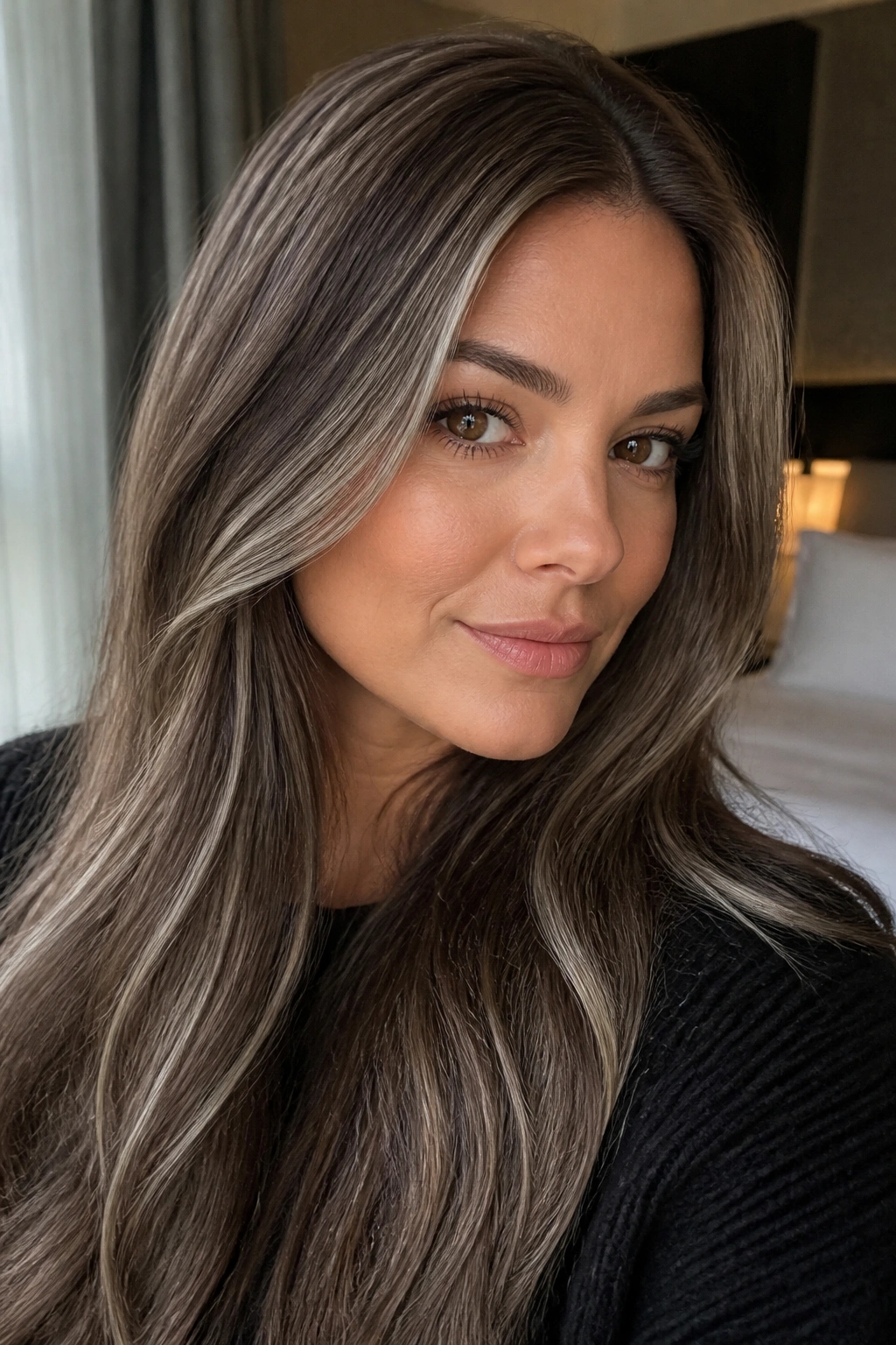 Real woman with taupe brown hair and pearl silver glaze for a polished look.