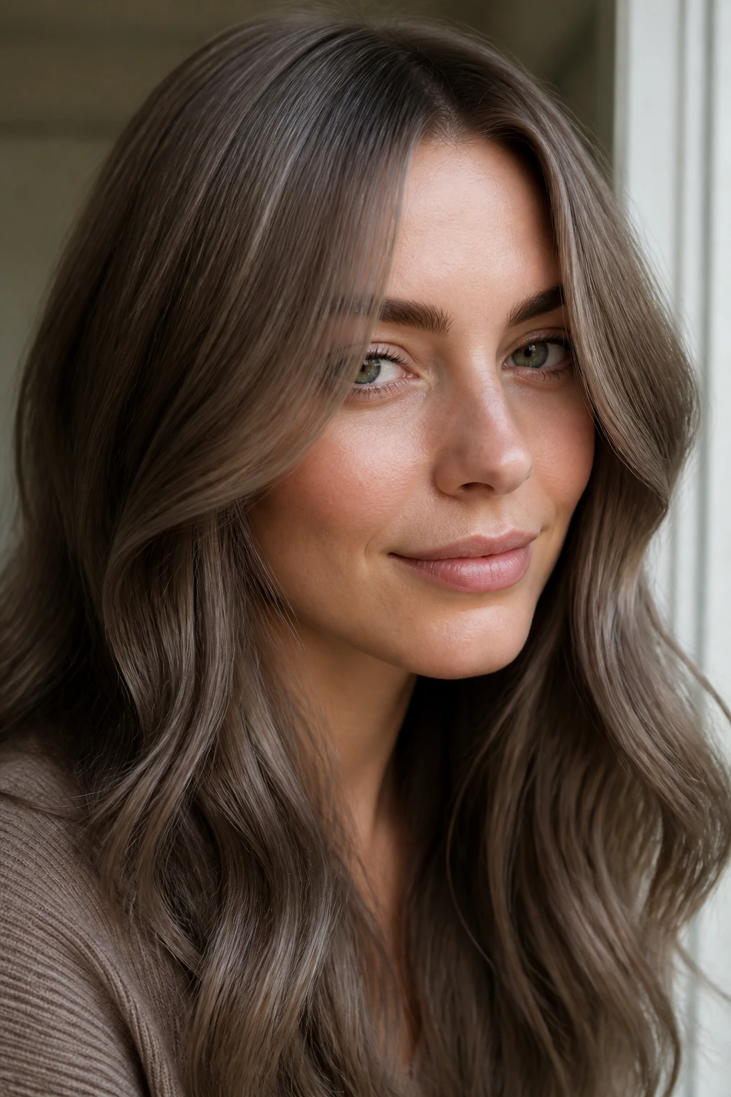Portrait of a woman with taupe brown glossy hair