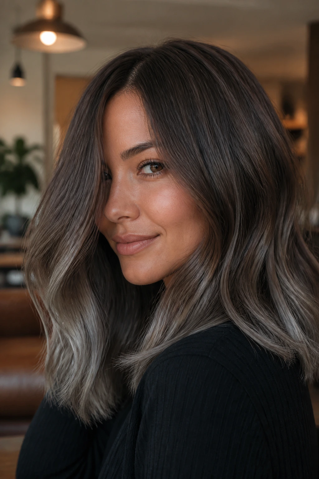 Real person with cool taupe brown hair and flint gray ends in close-up