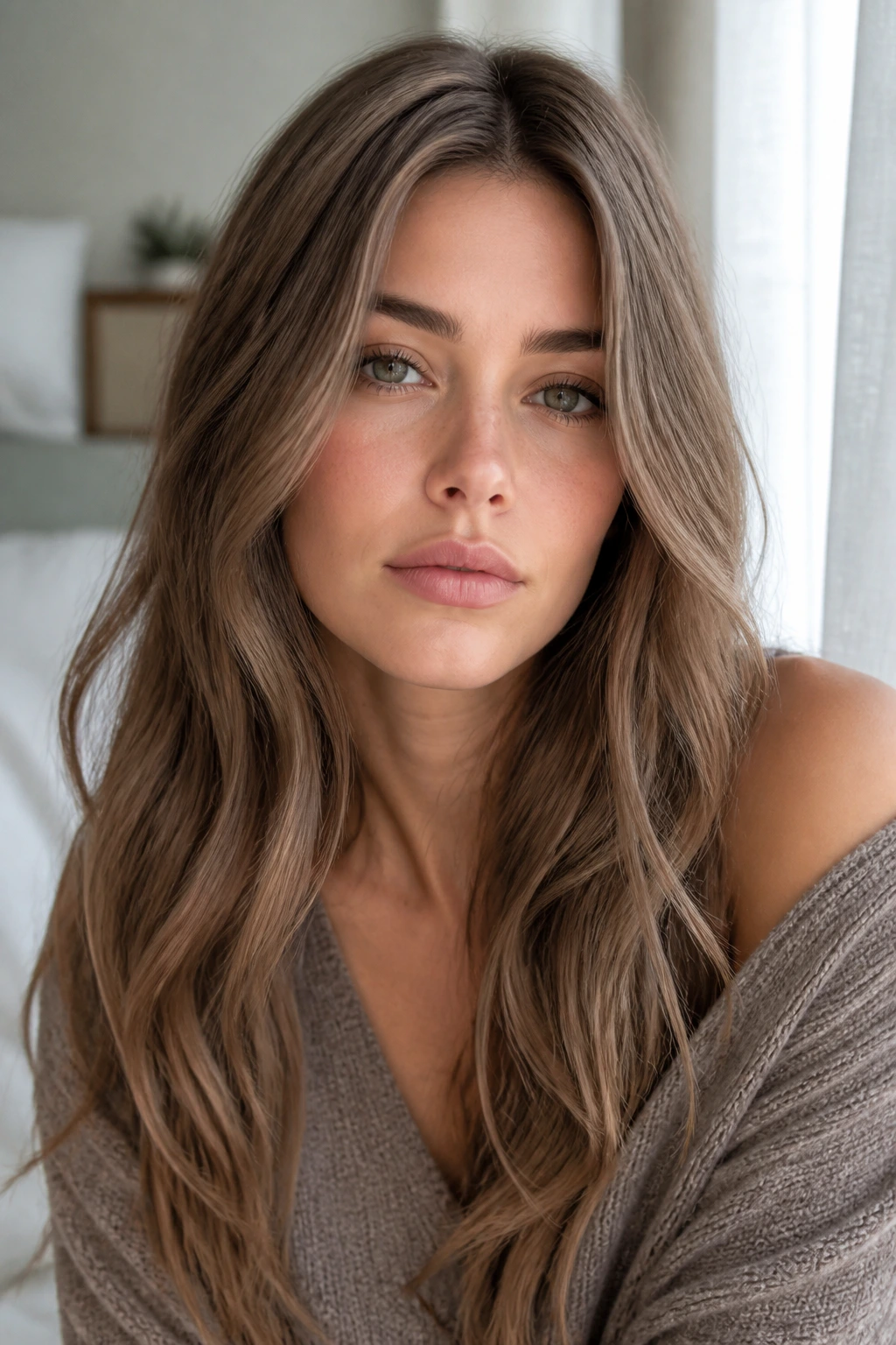 Close-up of taupe brown hair on a real person in soft daylight