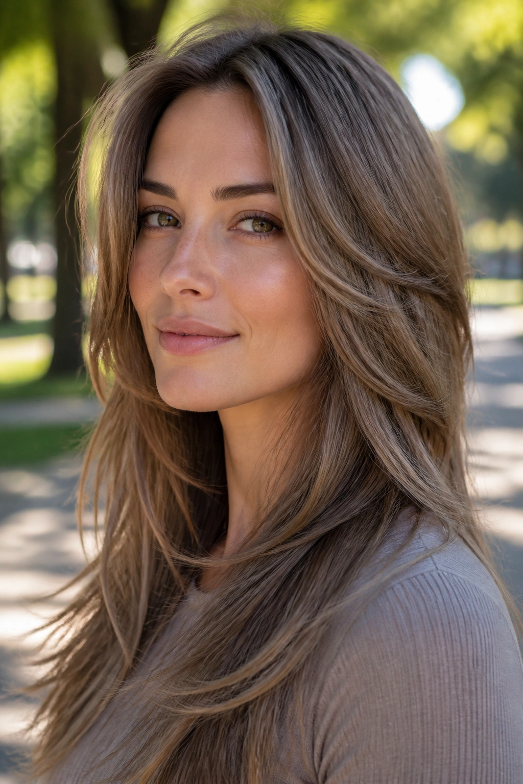 Close-up portrait of a real woman with taupe brown hair and long layered cut.
