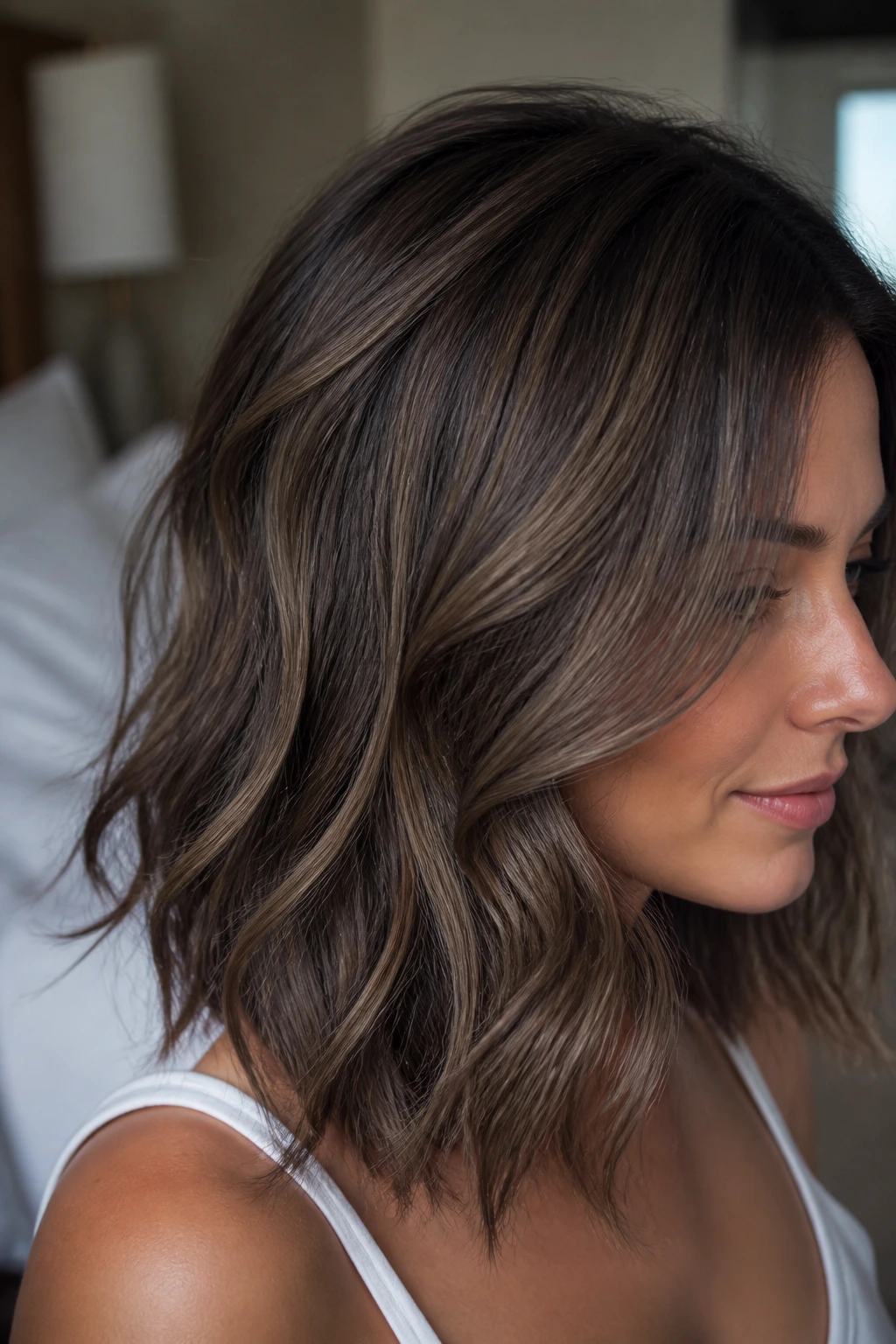 Close-up of brunette hair with taupe-brown lowlights on a real person under natural window light