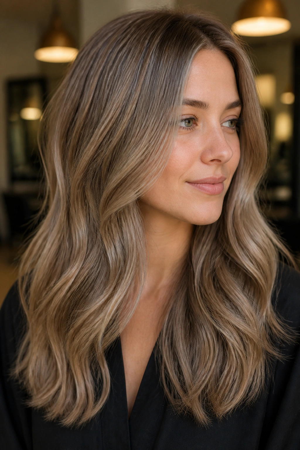 Close-up of a real woman with taupe brown lowlights