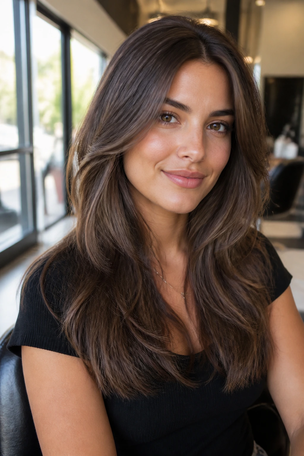 Close-up of a brunette with taupe brown lowlights under warm window light.