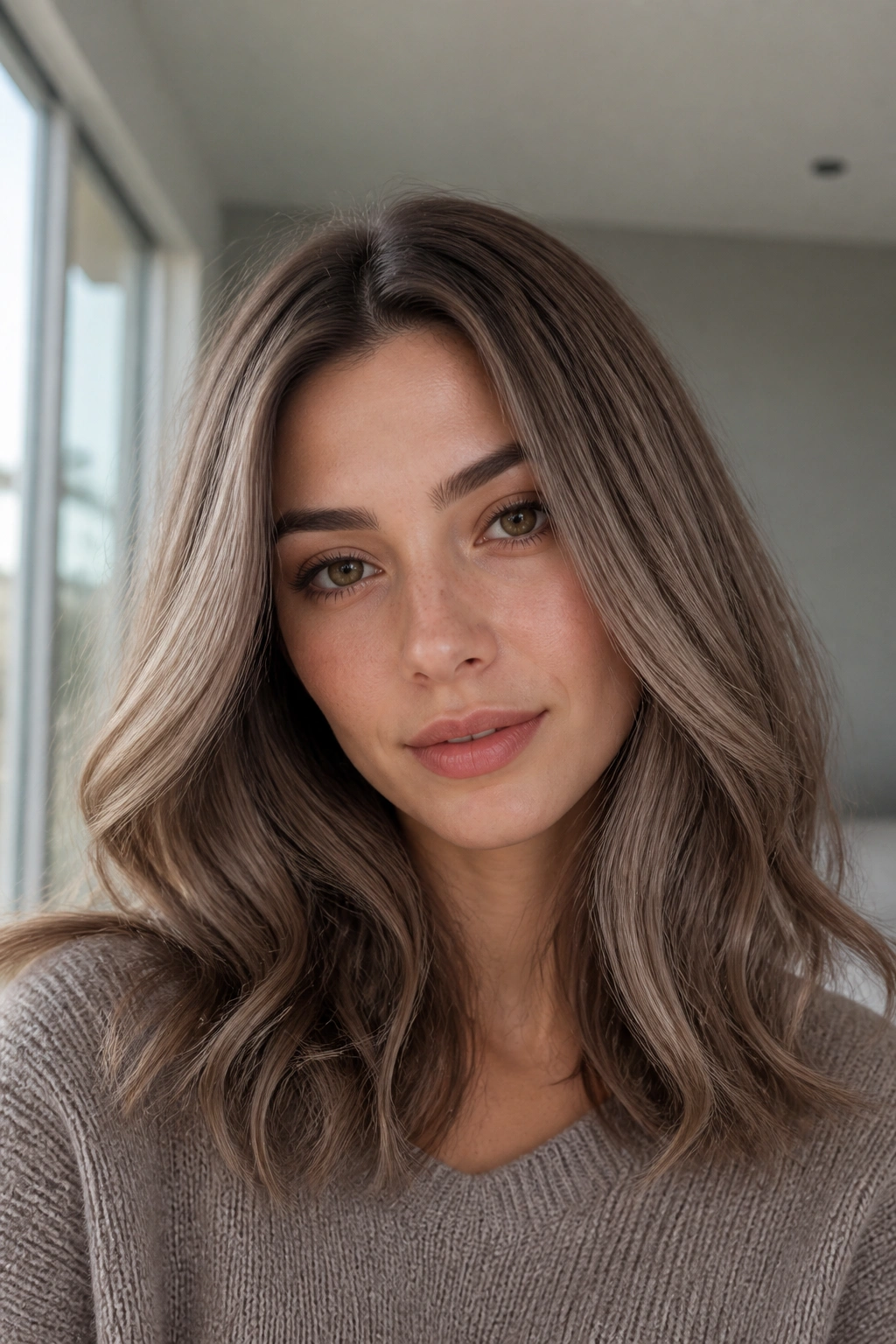 Portrait of a person with taupe brown hair and pale cool skin tones.
